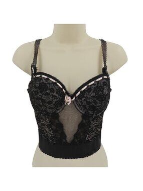 VTG Lady Marlene 34B Black Flower Lace Mesh Pink Ribbon Corset Bra Union Made